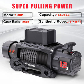 OPENROAD 13,500lbs Wireless Electric Winch with Synthetic Rope - IP68 Rated