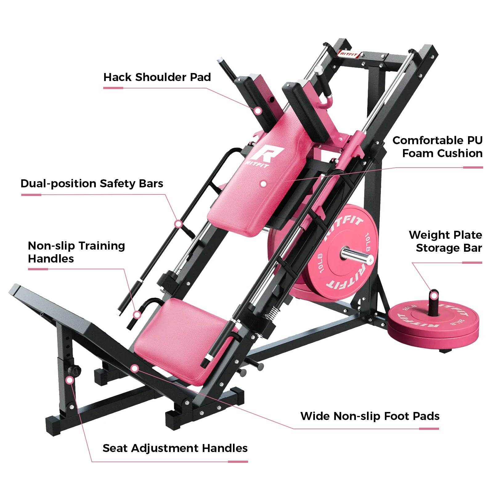 RitFit BLP01 45 Degree 3-In-1 Leg Press Hack Squat and Calf Raise Machine - Pink