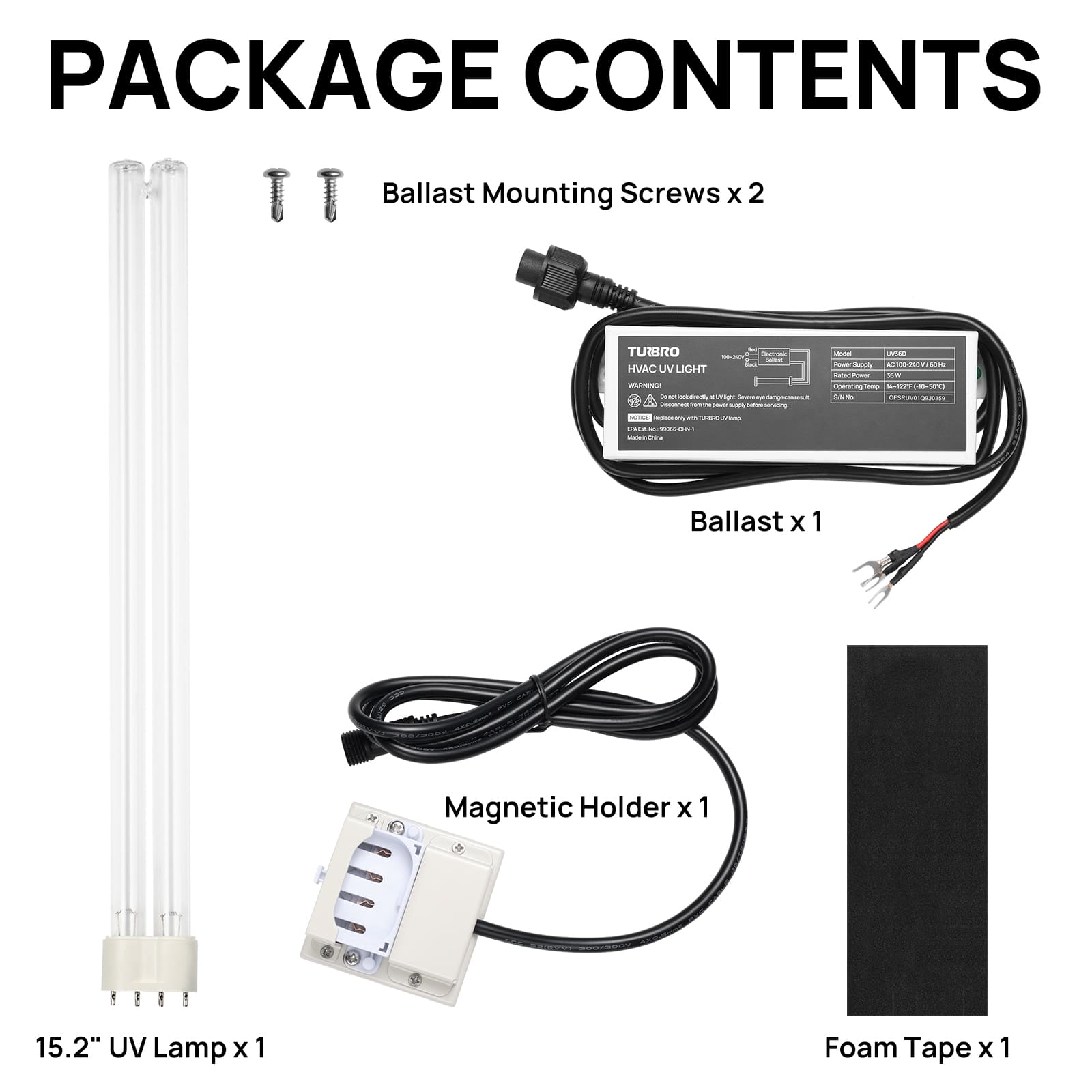 UV36D 36W UV Light Kit for HVAC Duct Cleaning, Wiring (100-240V)