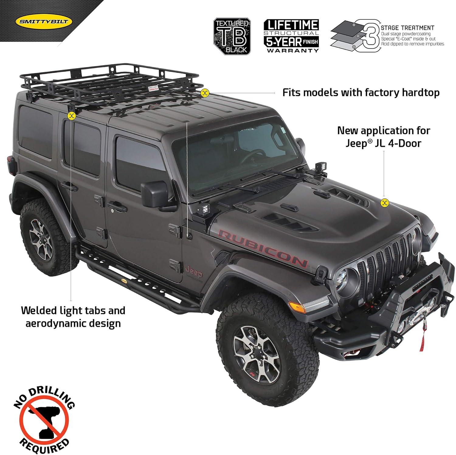 Smittybilt One Piece Defender Overland Roof Rack 2018-2025 Jeep Wrangler JL - Recon Recovery