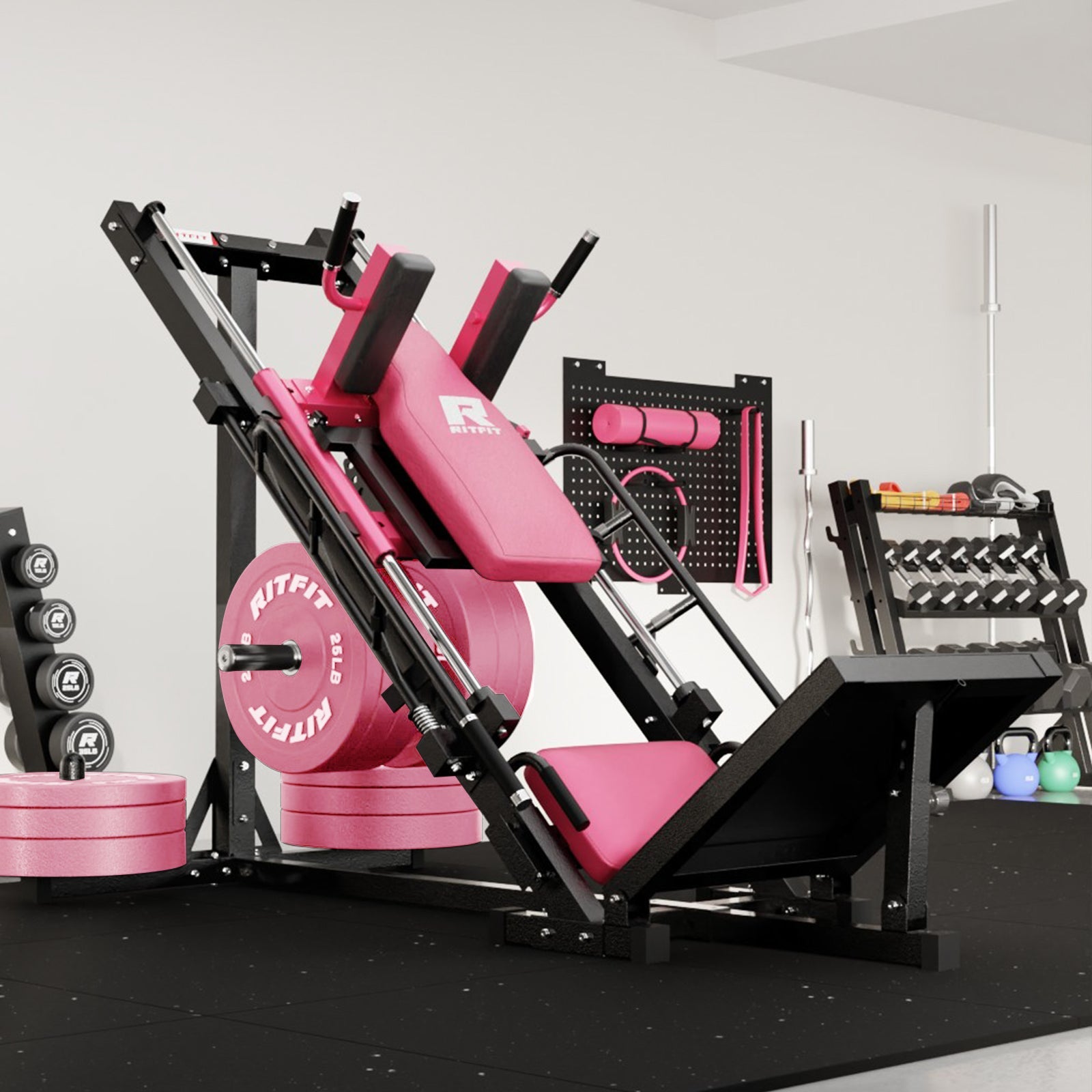 RitFit BLP01 45 Degree 3-In-1 Leg Press Hack Squat and Calf Raise Machine - Pink