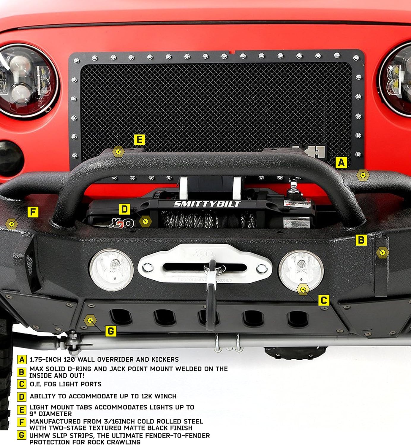 SmittyBilt XRC Gen2 Front Bumper for 2007-2018 Jeep Wrangler JK - Recon Recovery